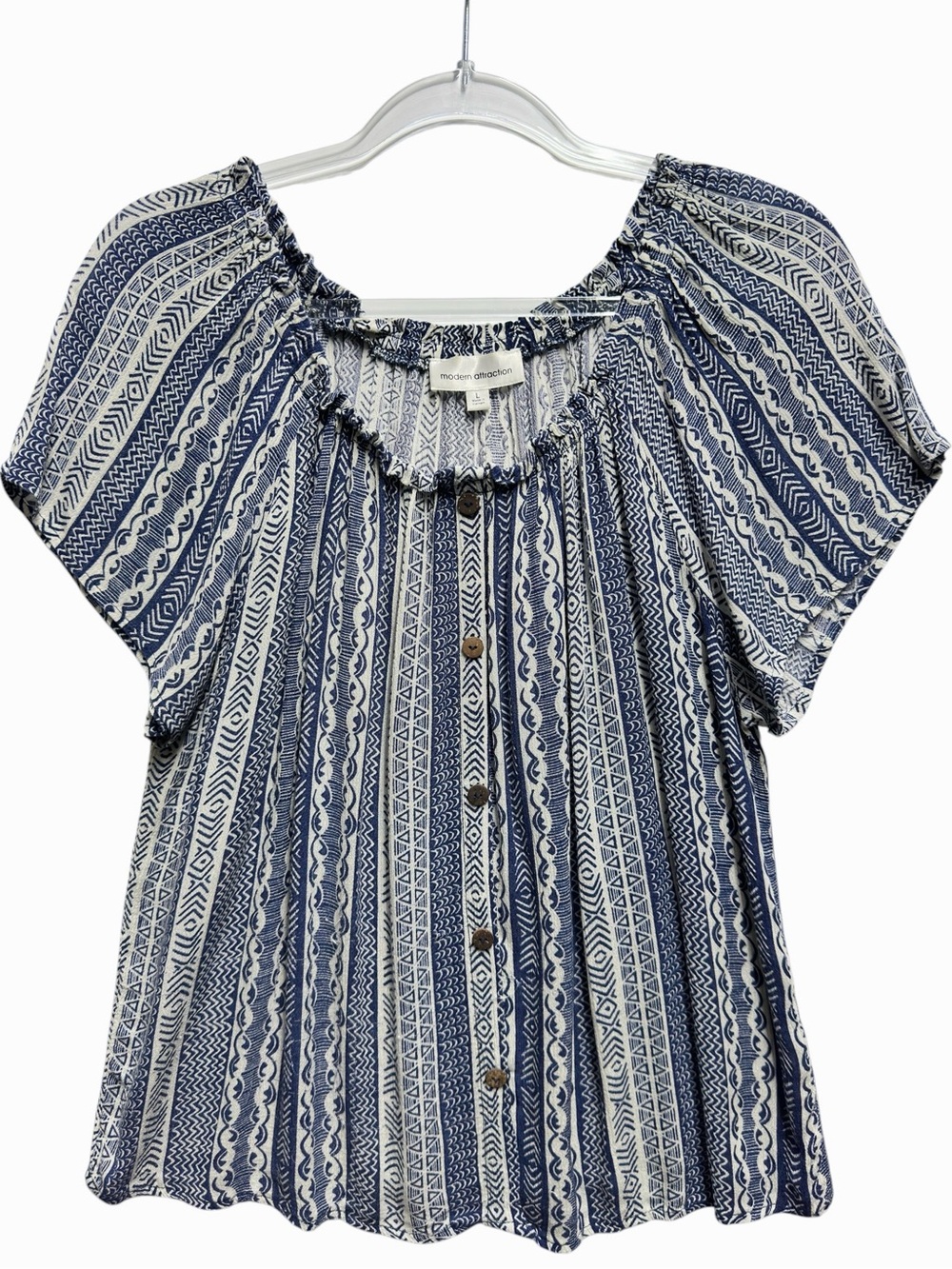 Rayon Knit Abstract Art Aztec Geometric Wavy Striped Peasant Top Blouse